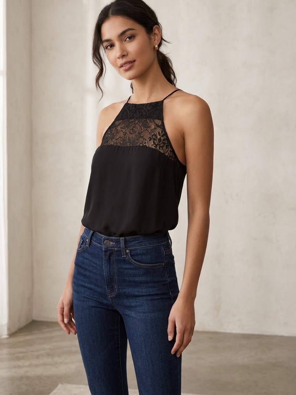 CAMI NYC 100% silk black lace camo Eva top size SM